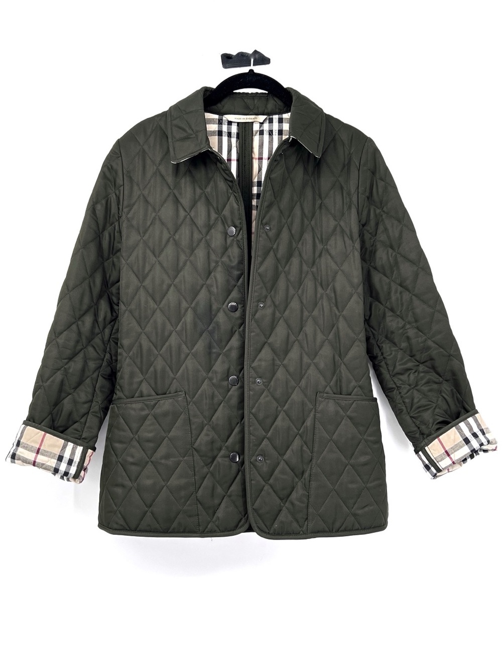 Burberry London Quilted Olive Green Constance Jacket Plaid Lining xs